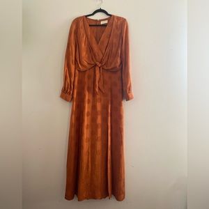 Evelyn Rust Orange Polka Dot Jacquard Tie-Front Midi Dress